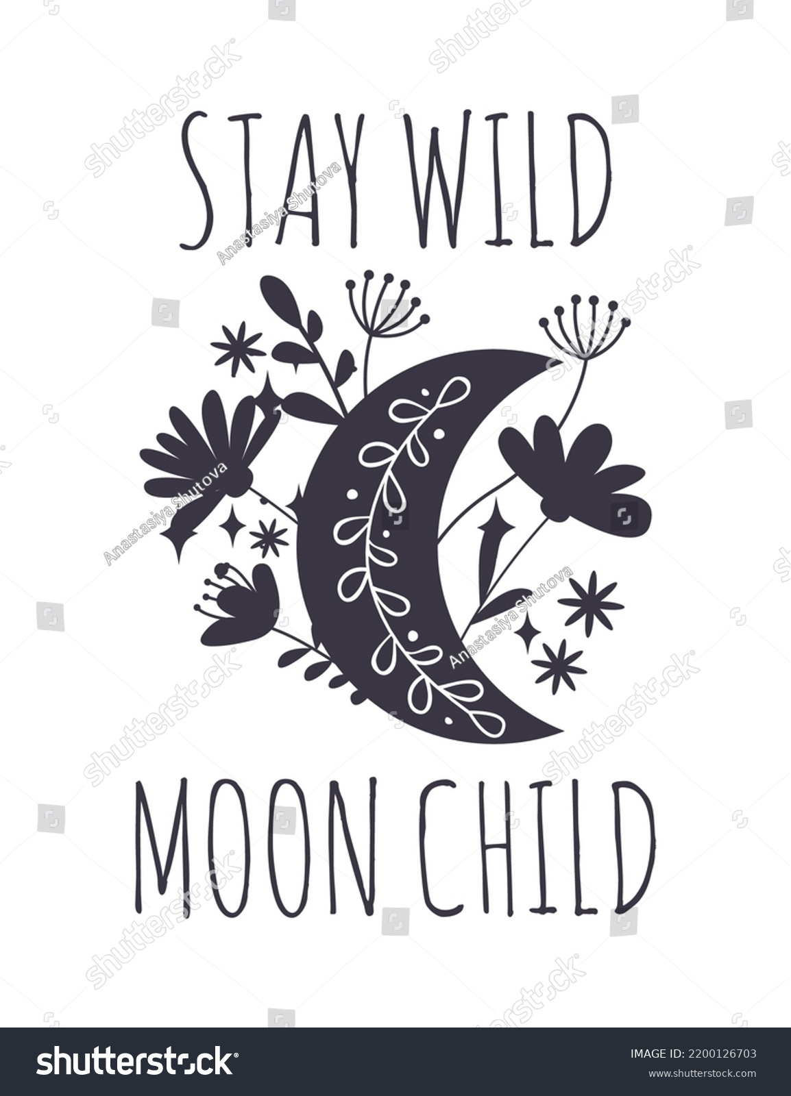 SVG of Stay wild Moon child vector with floral crescent moon. Celestial Svg cut file. Boho shirt design. Crescent moon with wildflowers vector illustration isolated on white background. Inspirational quote svg