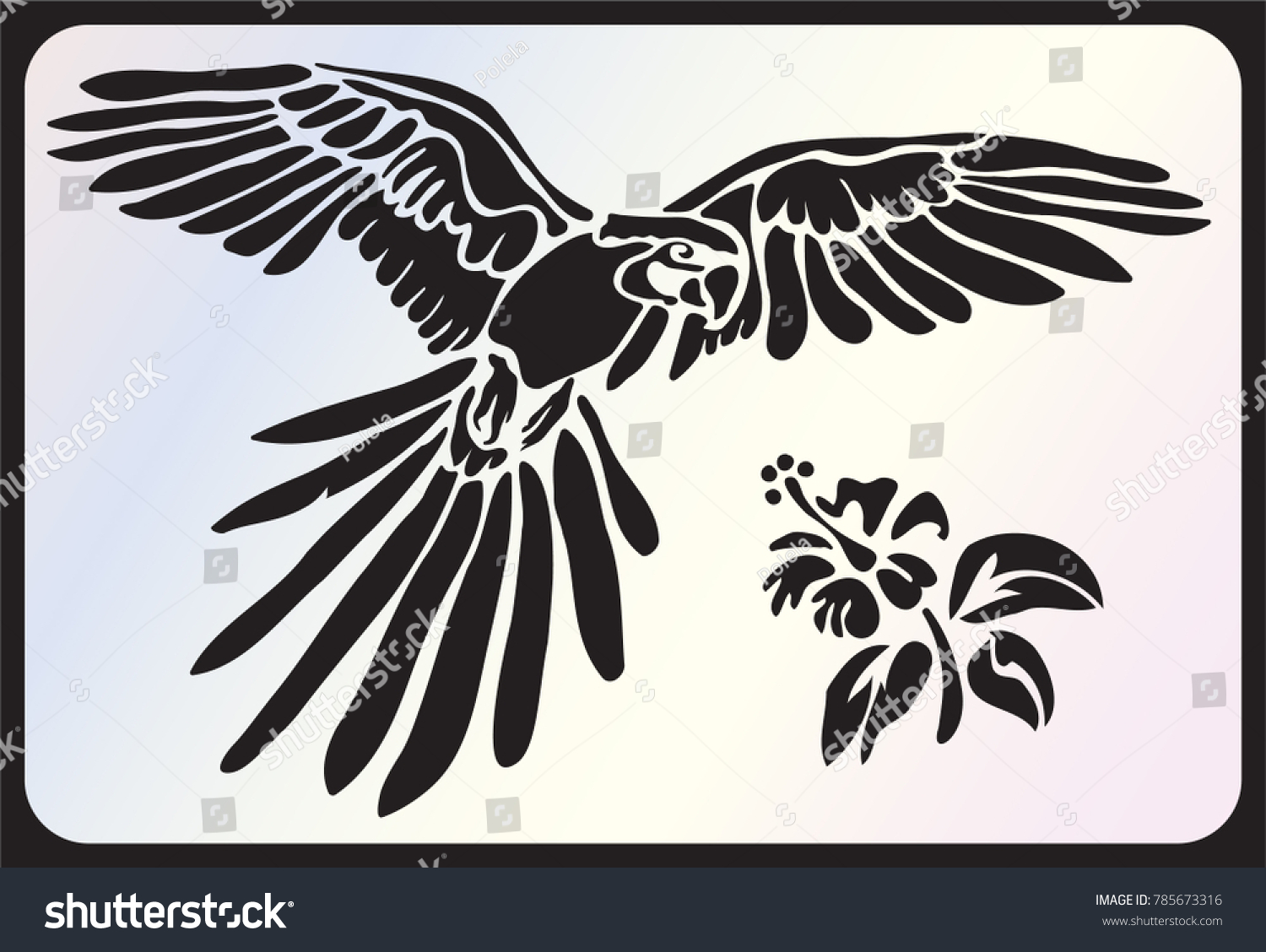レーザー切断用のステンシル オウム マカウ ハイビスカスの花 白い背景に熱帯の飛び鳥のベクター画像 白黒のロゴ サイン エンブレム シンボル スタンプ 簡単なイラスト スケッチ ダイカット のベクター画像素材 ロイヤリティフリー