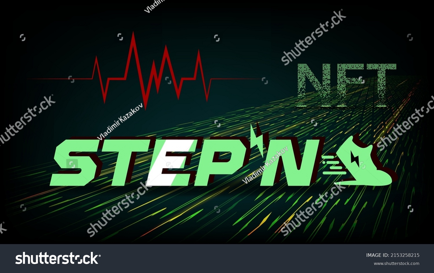 SVG of STEPN company logo icon and text NFT with red heartbeat string on dark background. Earn GMT tokens while walking in NFT sneakers with Move to Earn concept. Vector illustration. svg