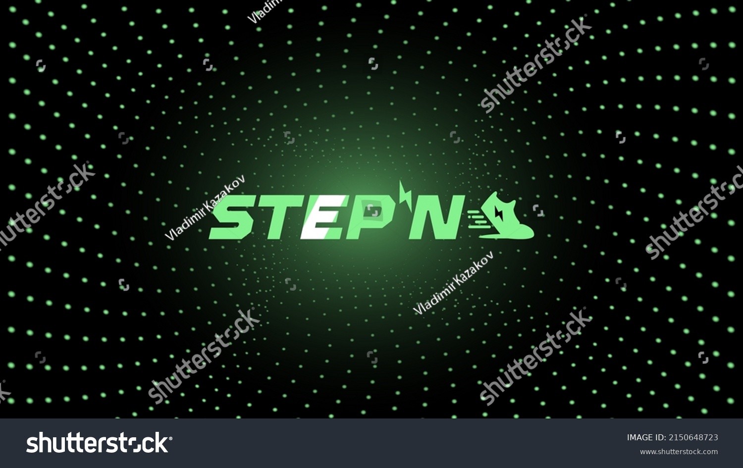 SVG of STEPN company logo icon in the center of spiral of glowing green dots on dark background. Web3 running app with fun game and social elements with Move to Earn concept. Vector illustration. svg