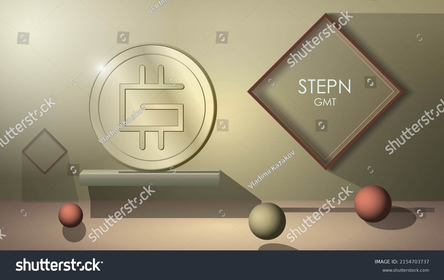 SVG of Stepn GMT coin in front view with balls on floor and frames on wall in 3d style. Website header or banner with digital currency coin icon. Vector illustration. svg