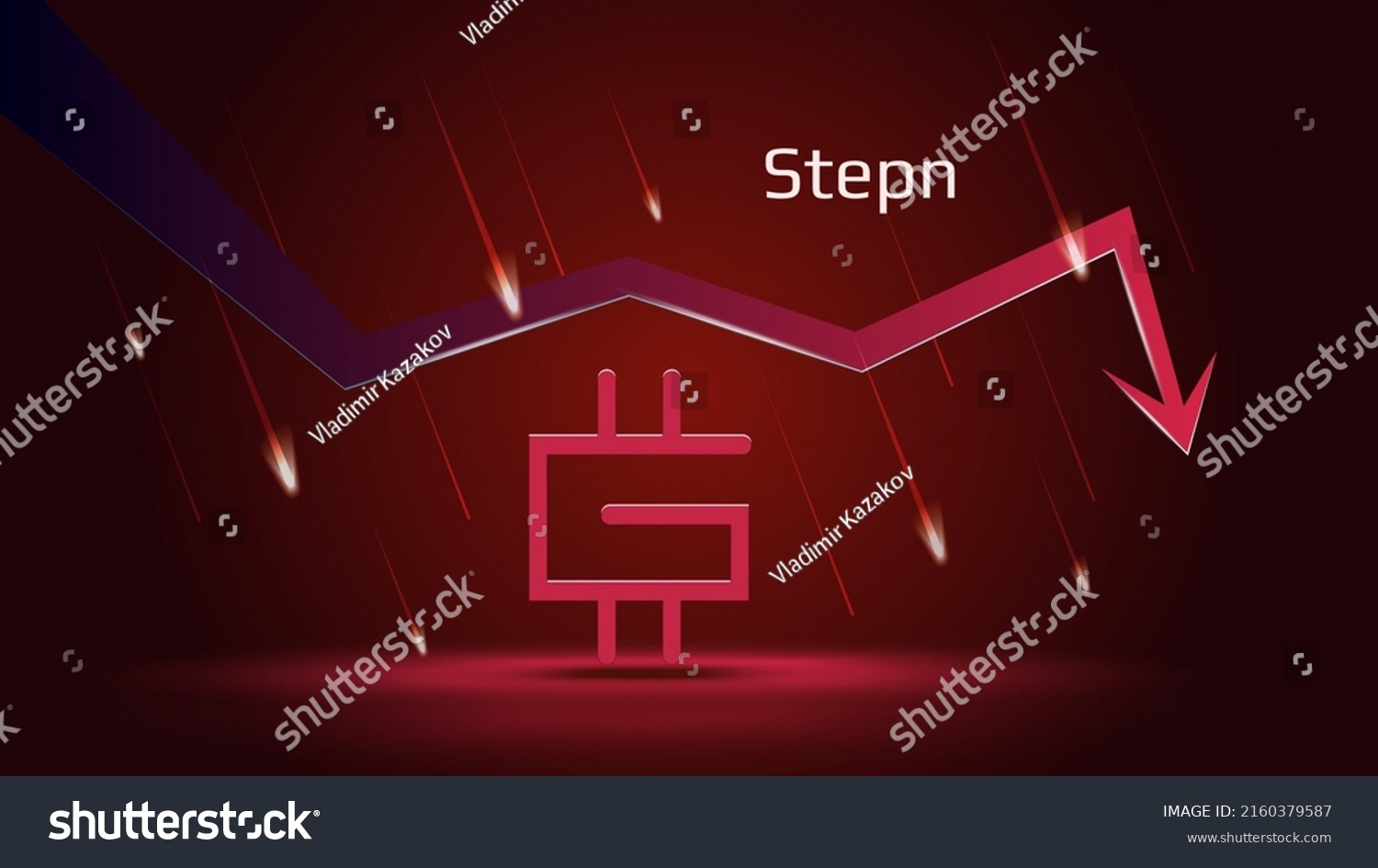 SVG of Stepn GMT in downtrend and price falls down on dark red background. Cryptocurrency coin symbol and red down arrow with falling meteors. Cryptocurrency trading crisis and crash. Vector illustration. svg