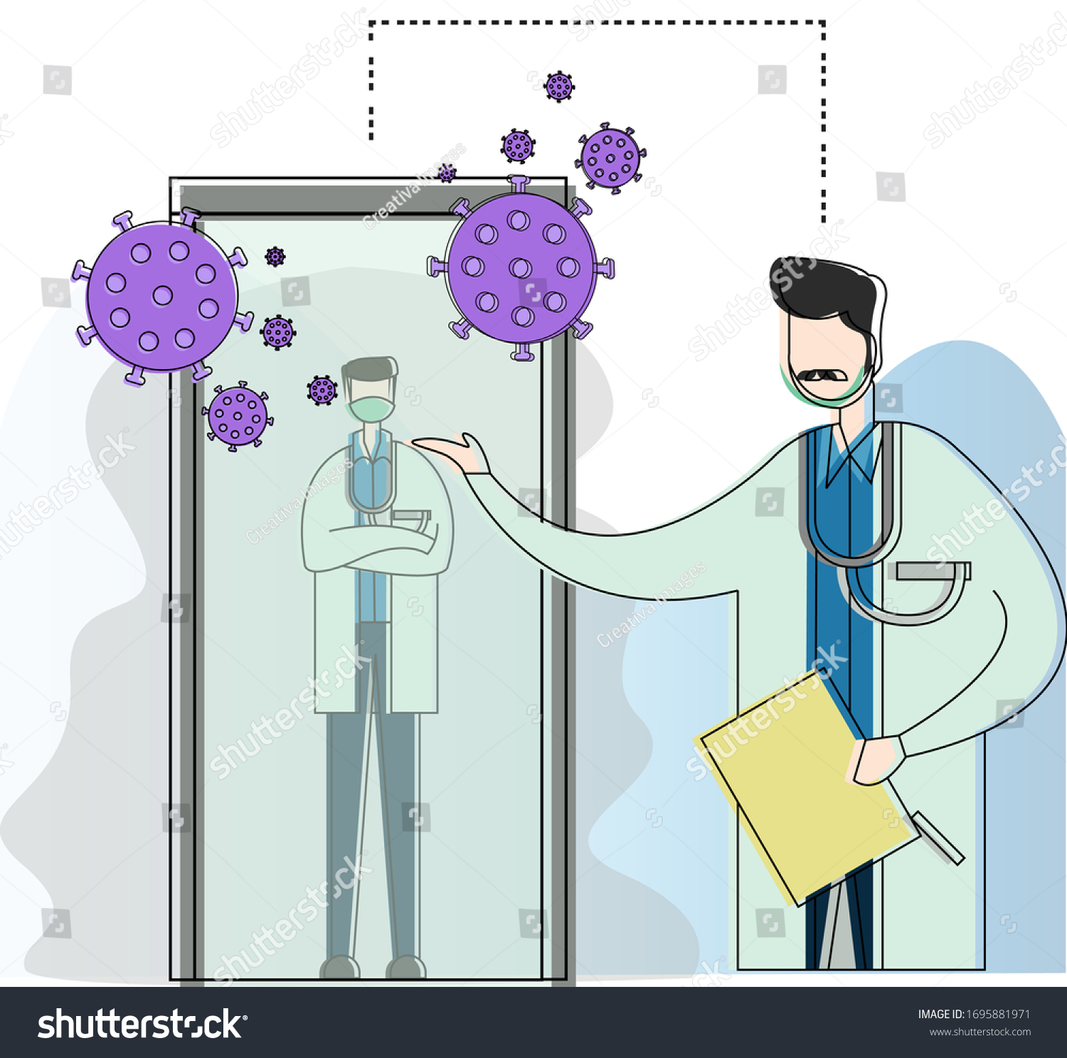 SVG of Sterilization chamber vector concept with two doctors showing how the chamber works, isolated in white background with purple germs icons svg