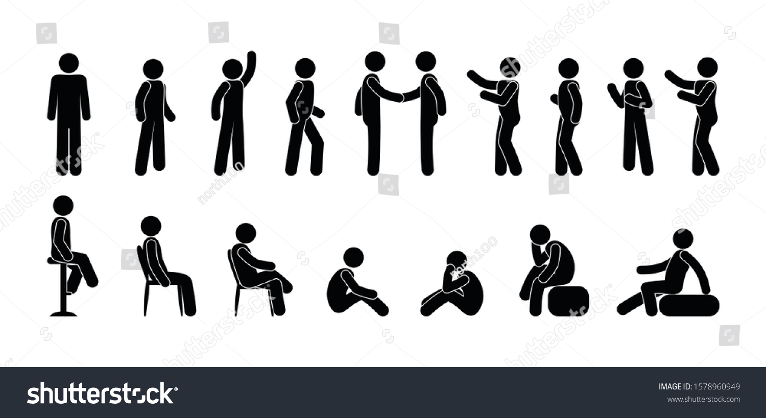 スティックフィギュア人のアイコンピクトグラム男性 分離型人間のシルエット 人が立つ 座る 行く のベクター画像素材 ロイヤリティフリー