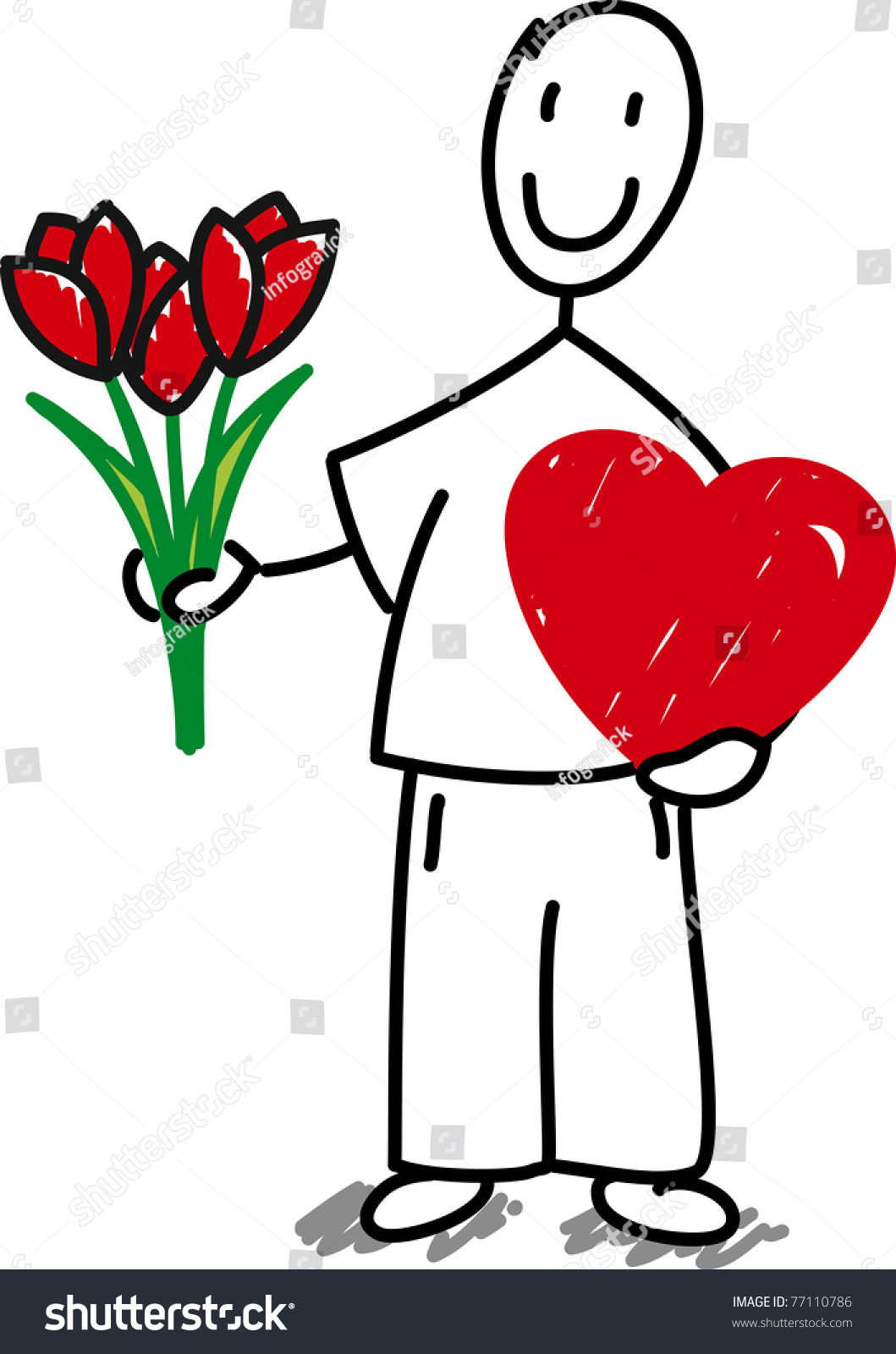 Stick Man Holding Flowers And A Valentine On White Background Stock ...