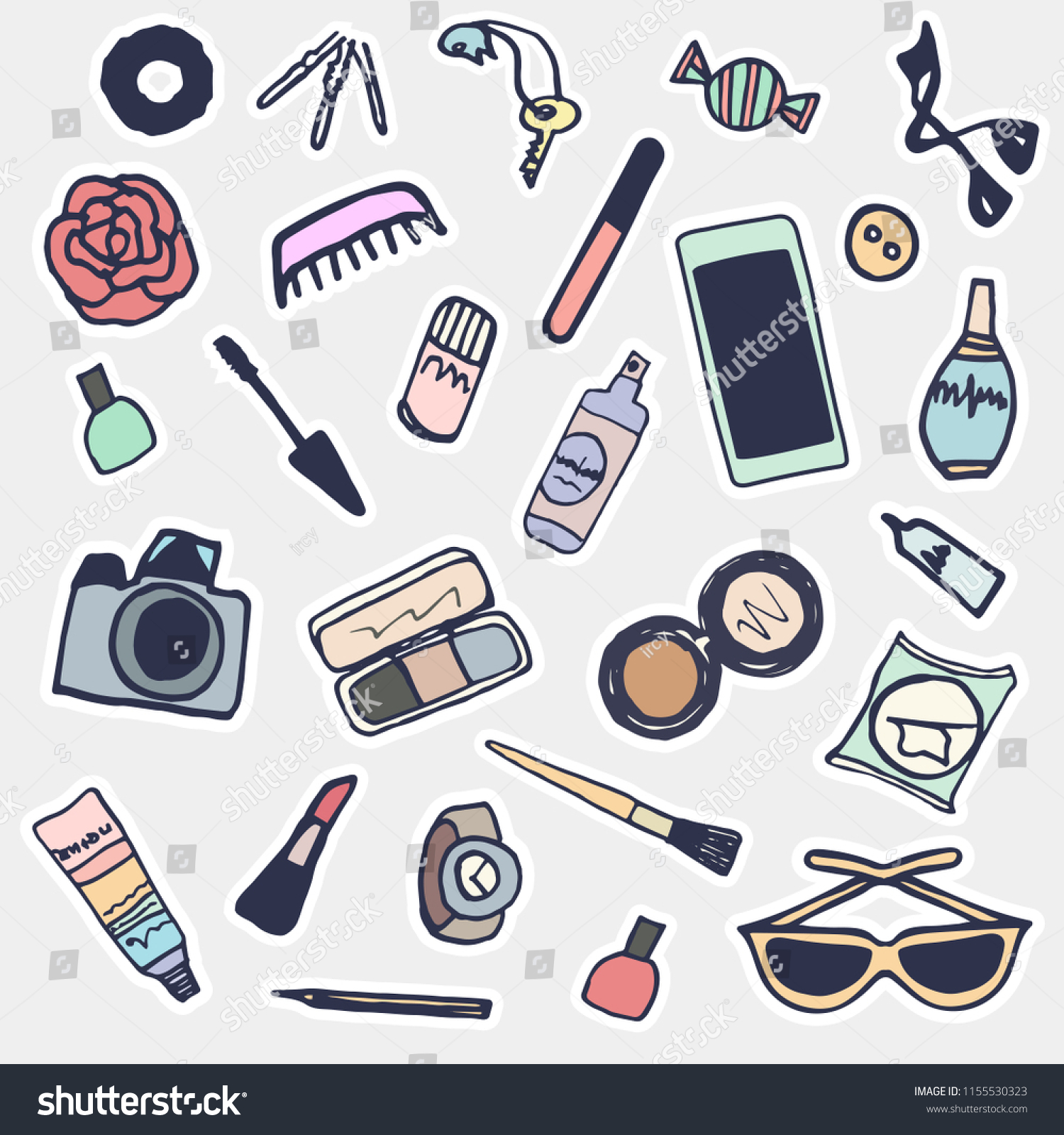 Sticker Beauty Items Set Hand Drawn Stock Vector Royalty Free