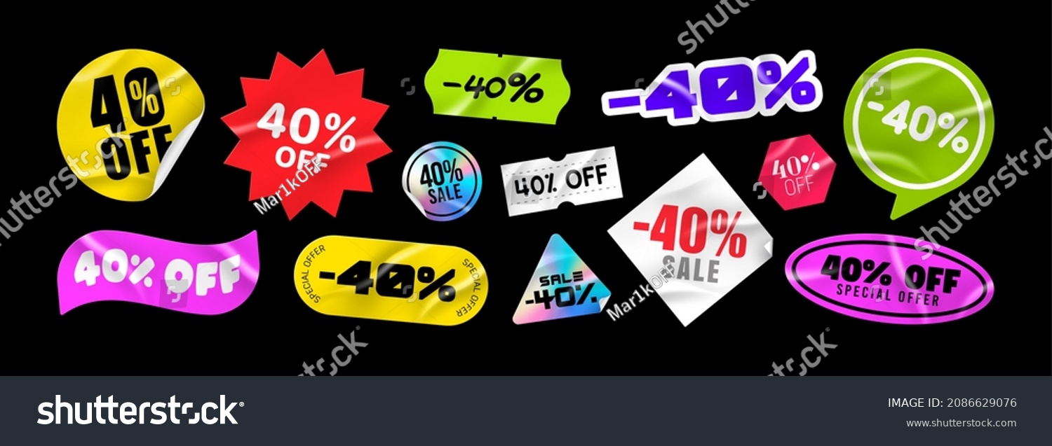 SVG of Sticker pack. Price stickers. Sale -40% off. Peeled Paper Stickers. Price Tag. Isolated on black background svg