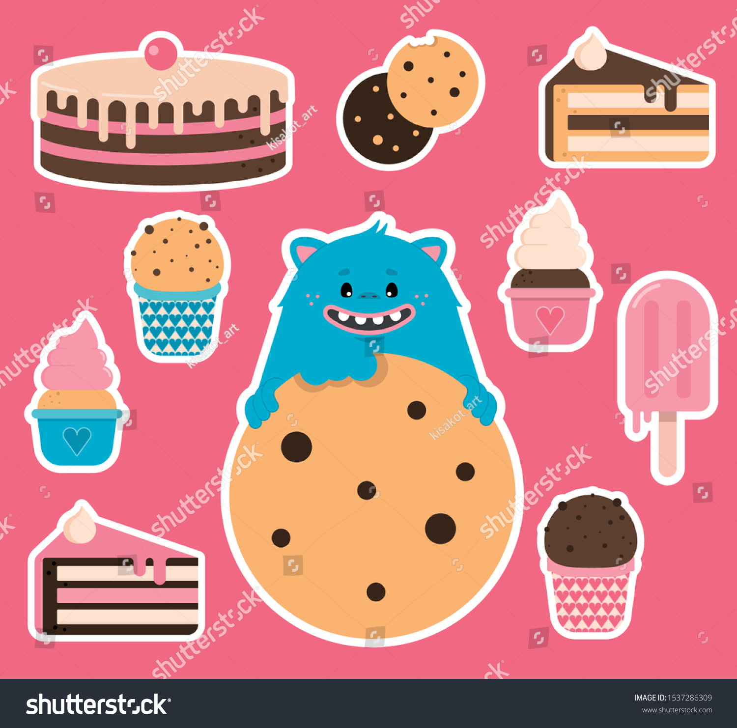 SVG of sticker pack with a Cookie Monster and sweets on a pink background svg
