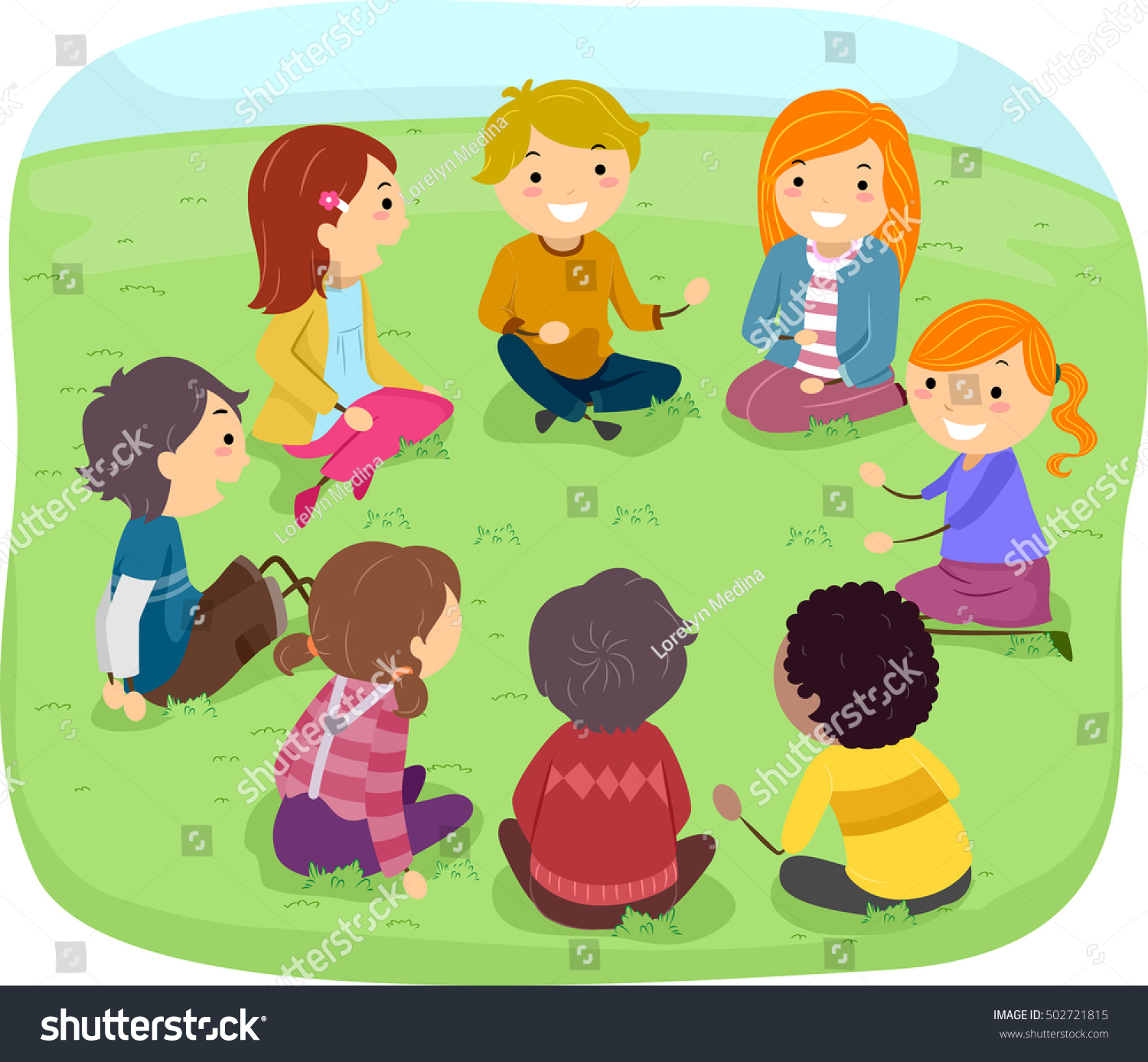 公園で子どもたちのグループが 話し合いながら丸く並んで座る様子を描いたステックマンイラスト のベクター画像素材 ロイヤリティフリー