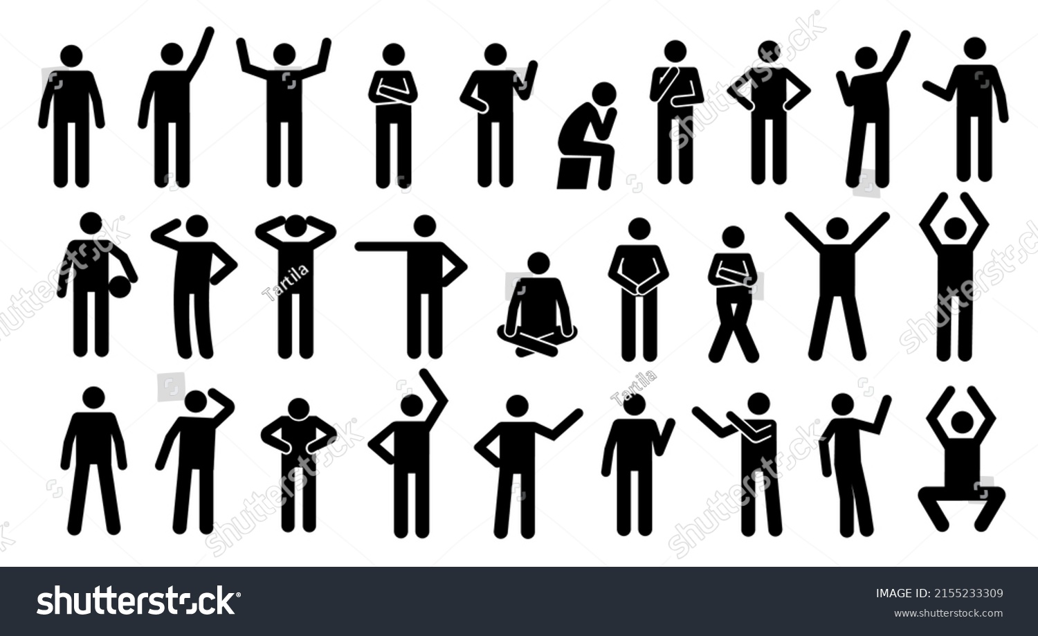 Stickman Postures Black Silhouette Simplified People Stock Vector ...