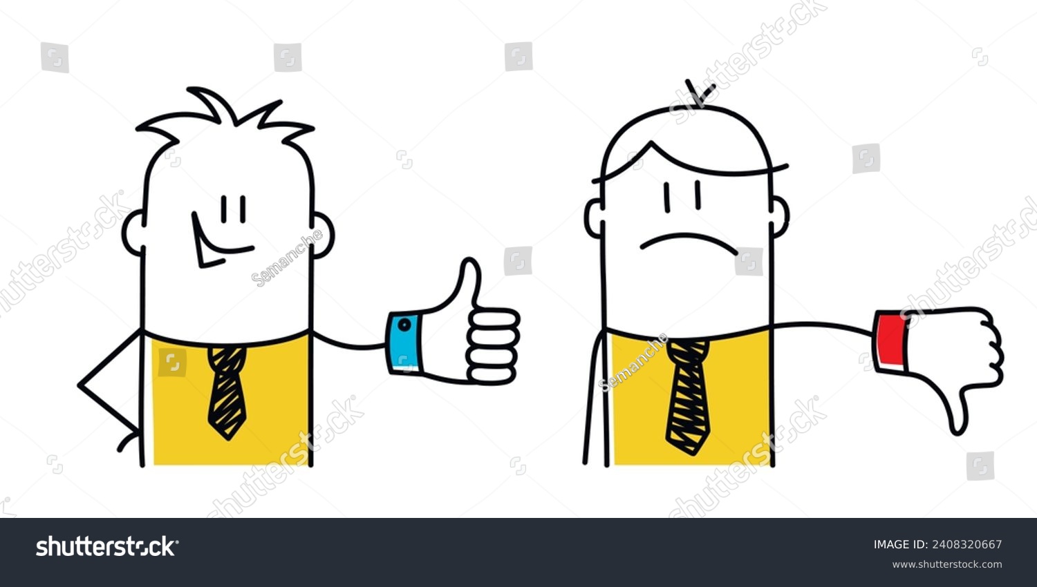 SVG of Stickman shows a gesture of approval and disapproval. Like and dislike. Good and bad. Cartoon style. Vector illustration. svg