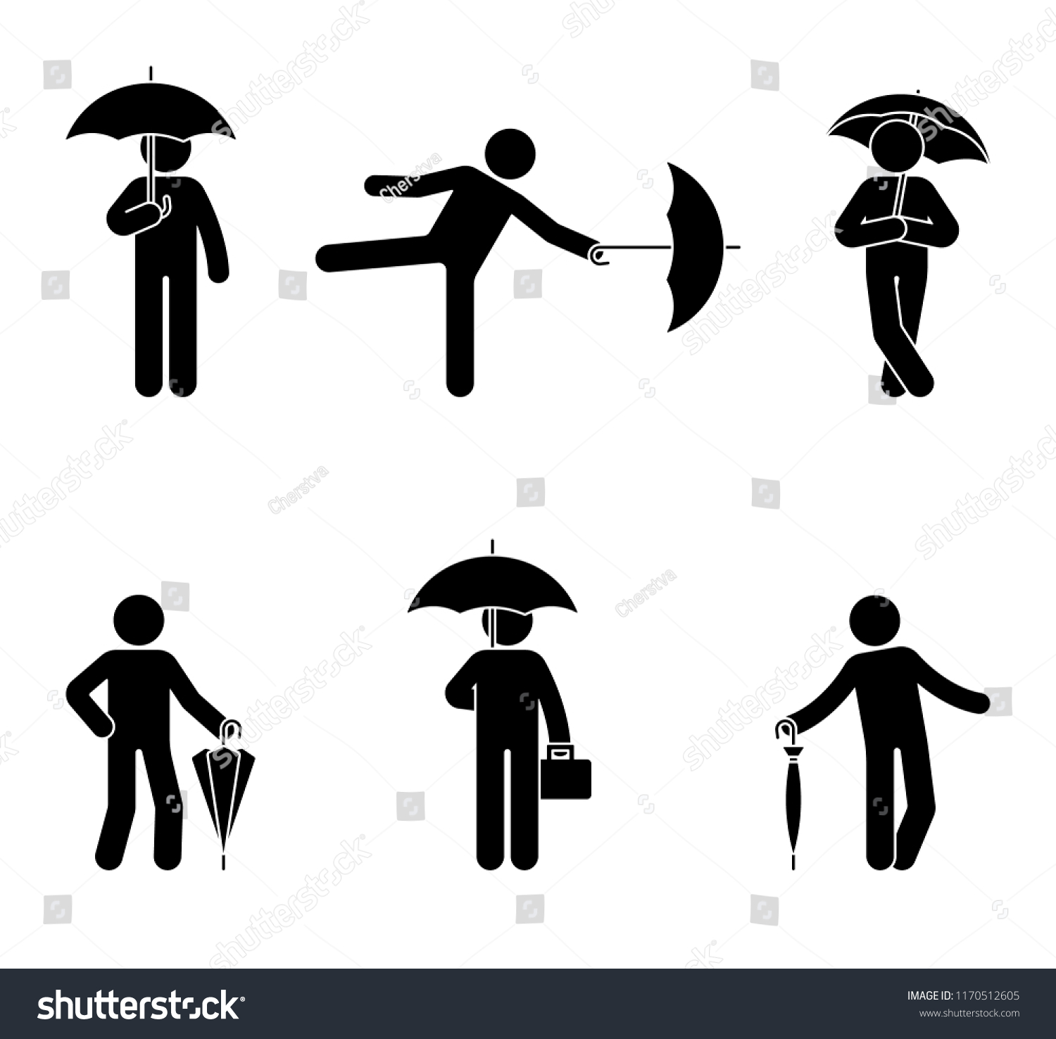 Stickman Umbrella Icon Set Black Silhouette Stock Vector (Royalty Free ...