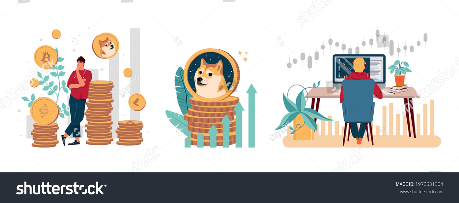SVG of Stock crypto abstract concept vector illustration set. Cryptocurrency exchange or transaction process abstract. Digital money market, blockchain, bitcoin, dogecoin, cryptocurrency mining, finance. svg