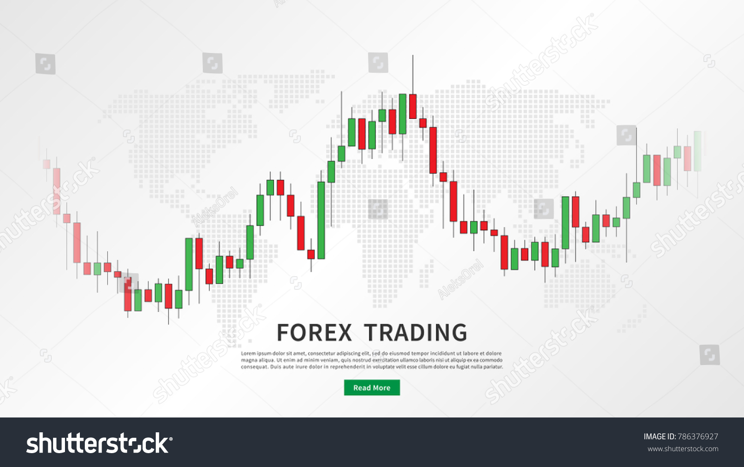 SVG of Stock market candlestick chart with world map vector illustration. Green and red japanese candle bars graph with sample text graphic design. svg