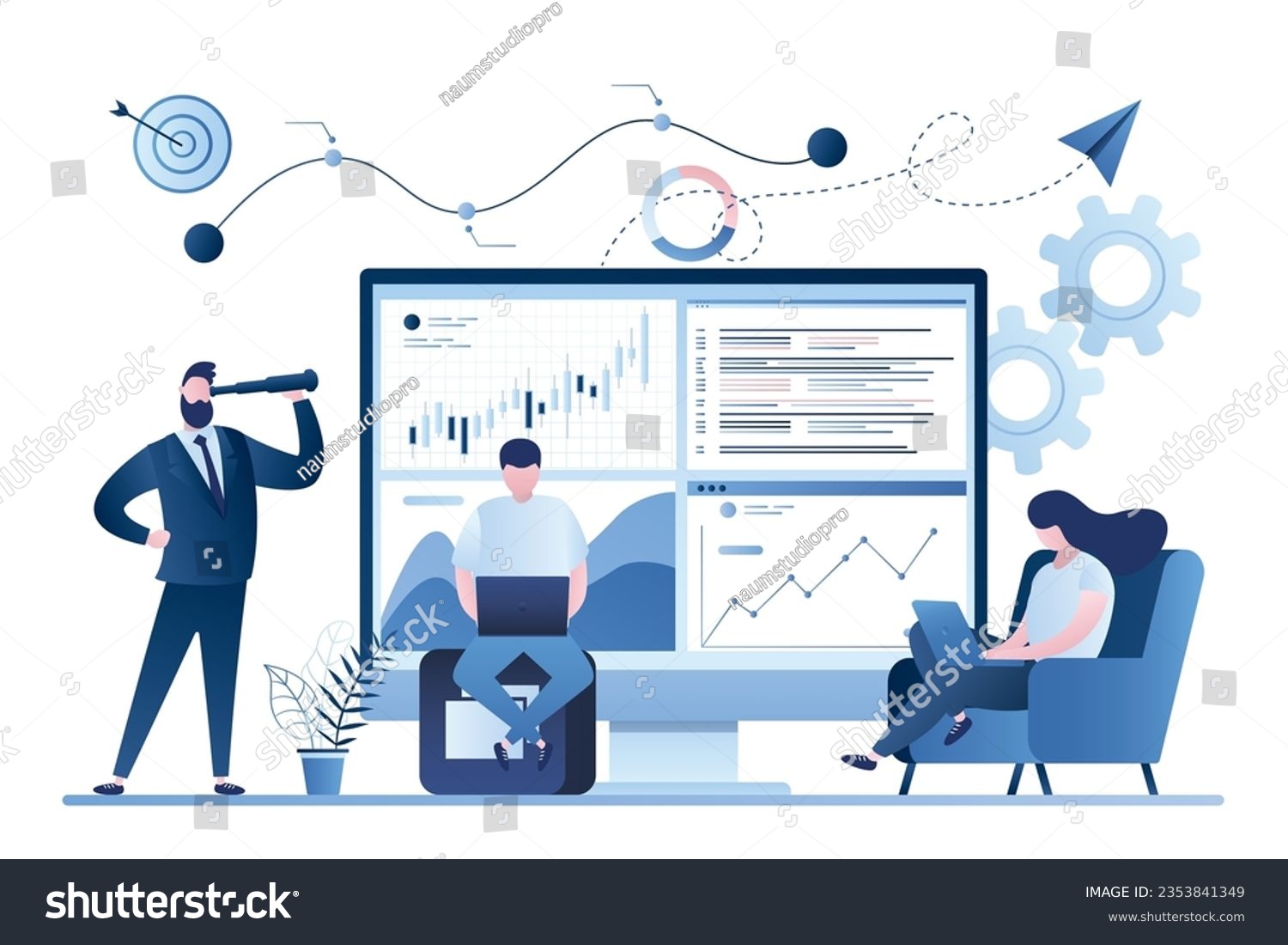 SVG of Stock market, financial analysis. Business analyst working. Profit, Revenue Forecast. Businesspeople trade in financial markets. Male boss investor. Trendy style background. Vector illustration svg