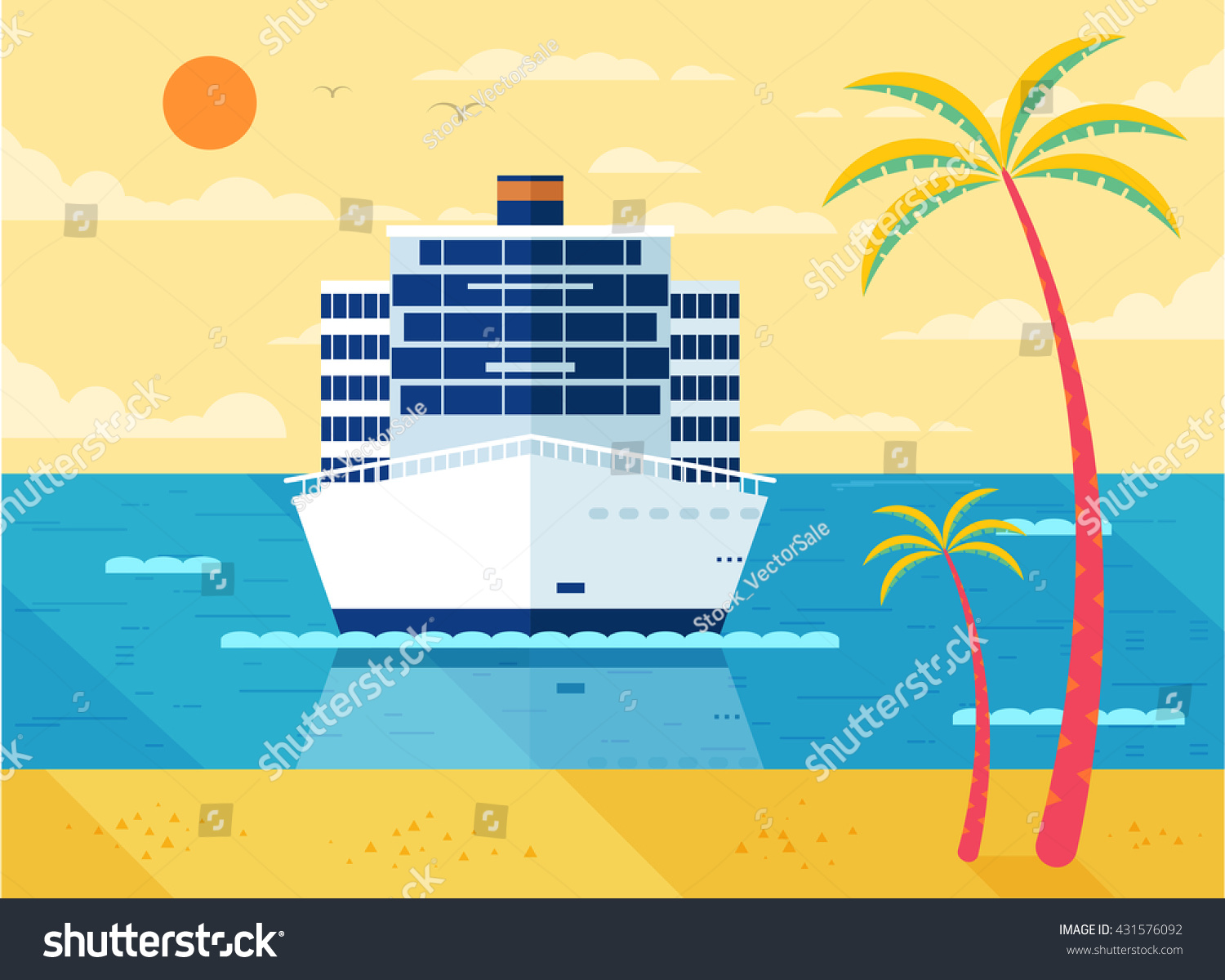 SVG of Stock Vector illustration of cruise ship in sea, front view near beach, palm trees, white liner,  in flat style for infographic svg