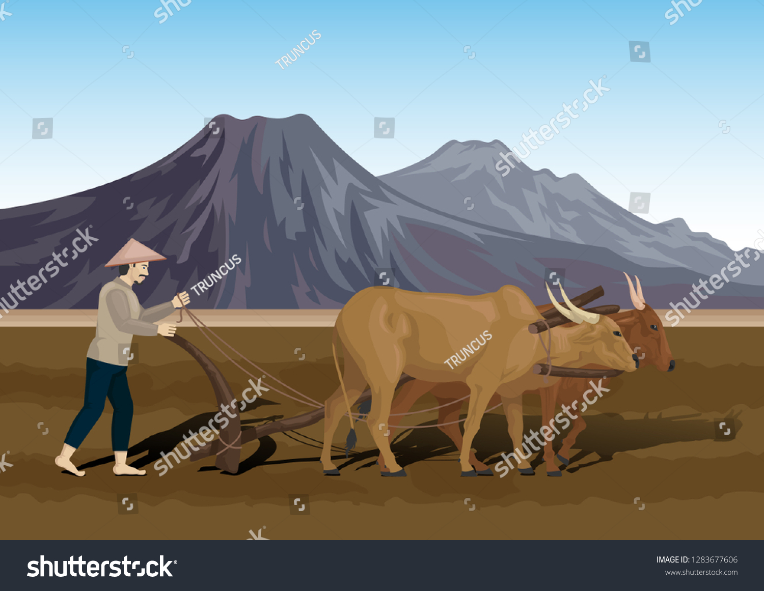 Stock Vector Farmers Plowing Field Oxen Stock Vector (Royalty Free ...