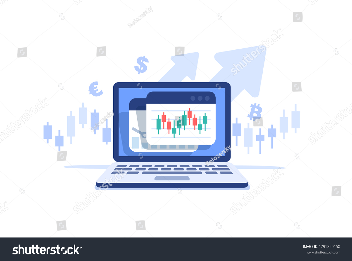SVG of Stocks market graph chart on laptop screen. Technical analysis candlestick chart. Global stock exchanges index. Forex trading concept. Trading strategy. Vector illustration in flat style. svg