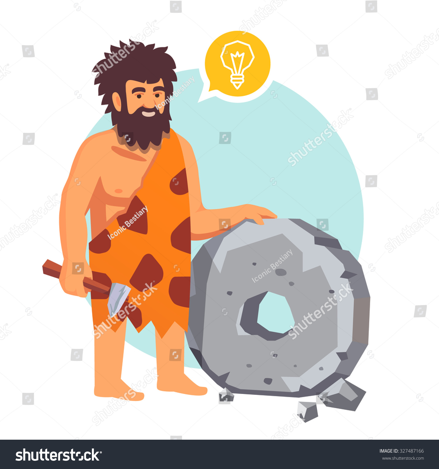 SVG of Stone age primitive man had an idea and invents a wheel. Flat style vector illustration isolated on white background. svg