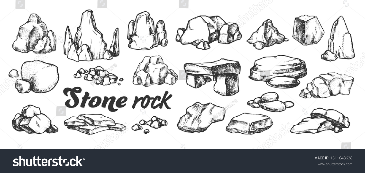 石岩砂利コレクション白黒セットベクター画像 石 砂利 礫が違う レトロ調の白黒のイラストで描かれた天然の岩石石の塊彫りテンプレート手描きのもの のベクター画像素材 ロイヤリティフリー