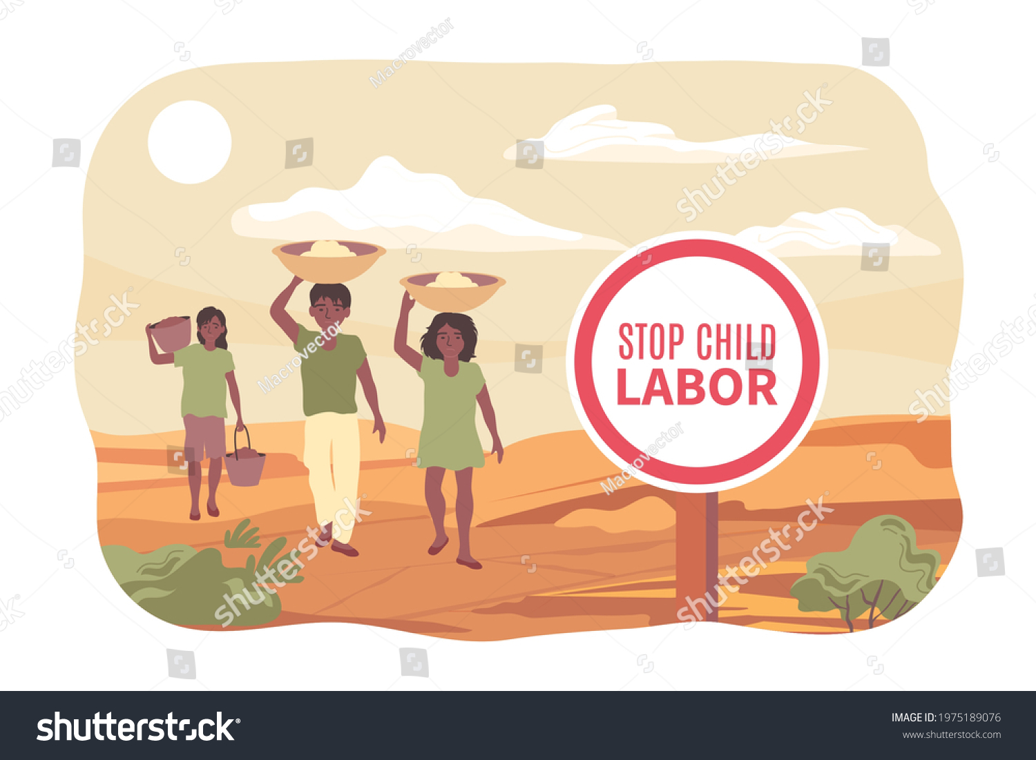 SVG of Stop child labor flat poster with three sad children carrying bowls on their heads vector illustration svg