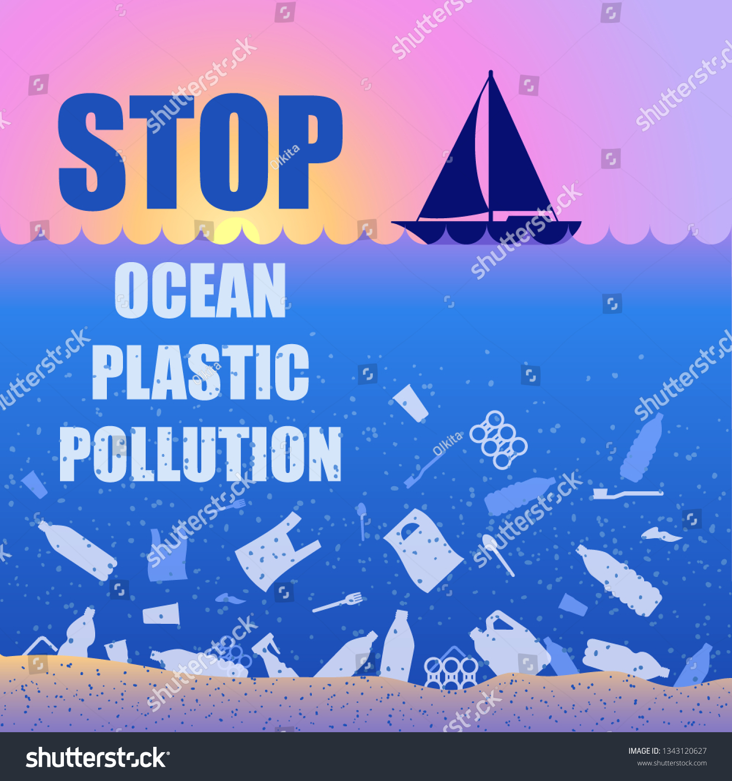 Vektor Stok Stop Ocean Plastic Pollution Ecological Poster Tanpa