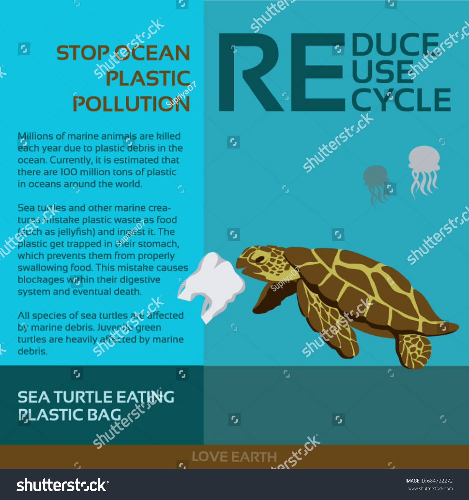 Stop Ocean Plastic Pollutionsea Turtle Eating Stock Vector 684722272 