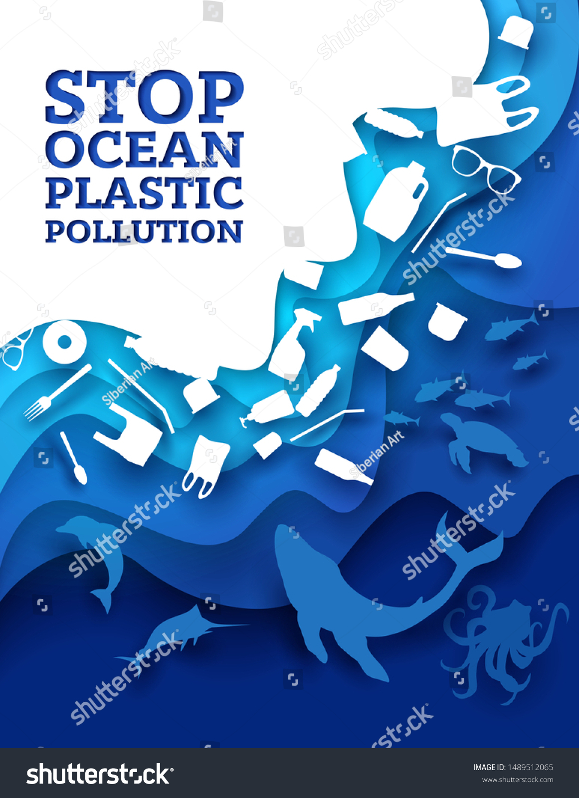 海洋プラスチック汚染を止め 紙のアートスタイルのベクターイラスト 海洋動物やプラスチックのゴミ 海洋環境問題エコロジーポスターデザインテンプレート のベクター画像素材 ロイヤリティフリー