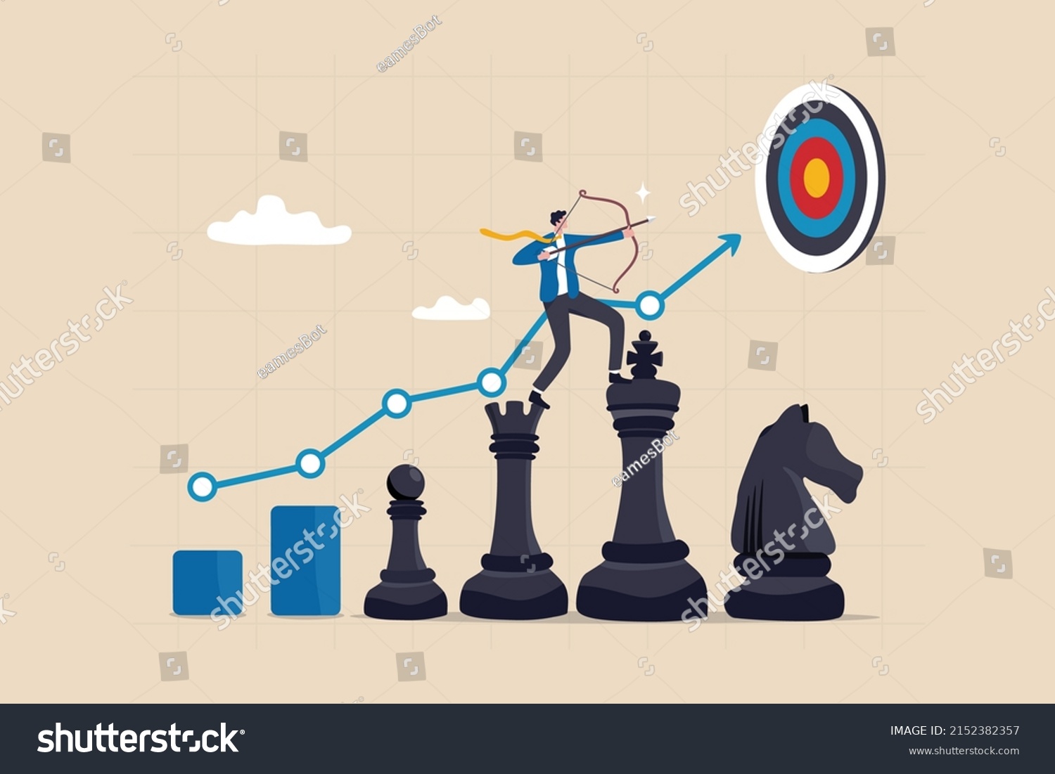 SVG of Strategy to win business success, growing to achieve target or strategic growth, challenge or mission, management and planning concept, businessman archery on king chess growth chart aiming at target. svg