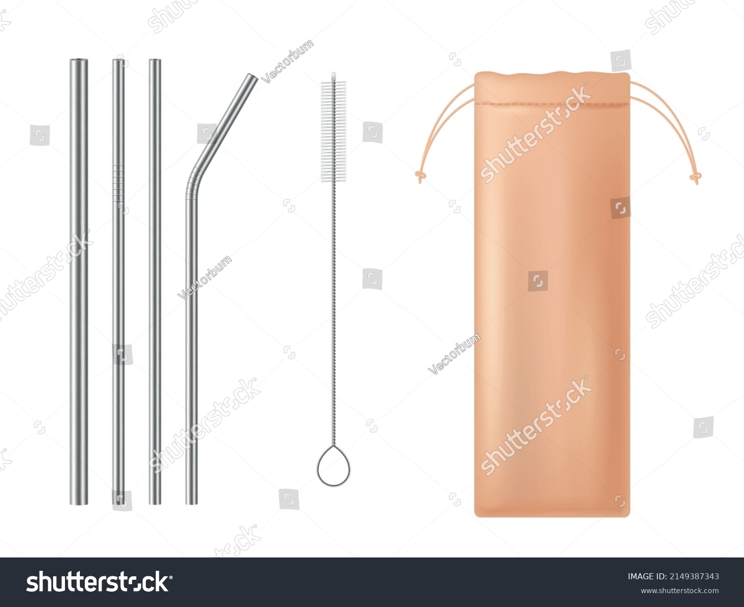 SVG of Straws for drink. Realistic beverage pipes. Silver cocktail sticks. Steel straight and curved tools. Cleaning ramrod brush and storage bag. Zero waste. Vector ecological svg