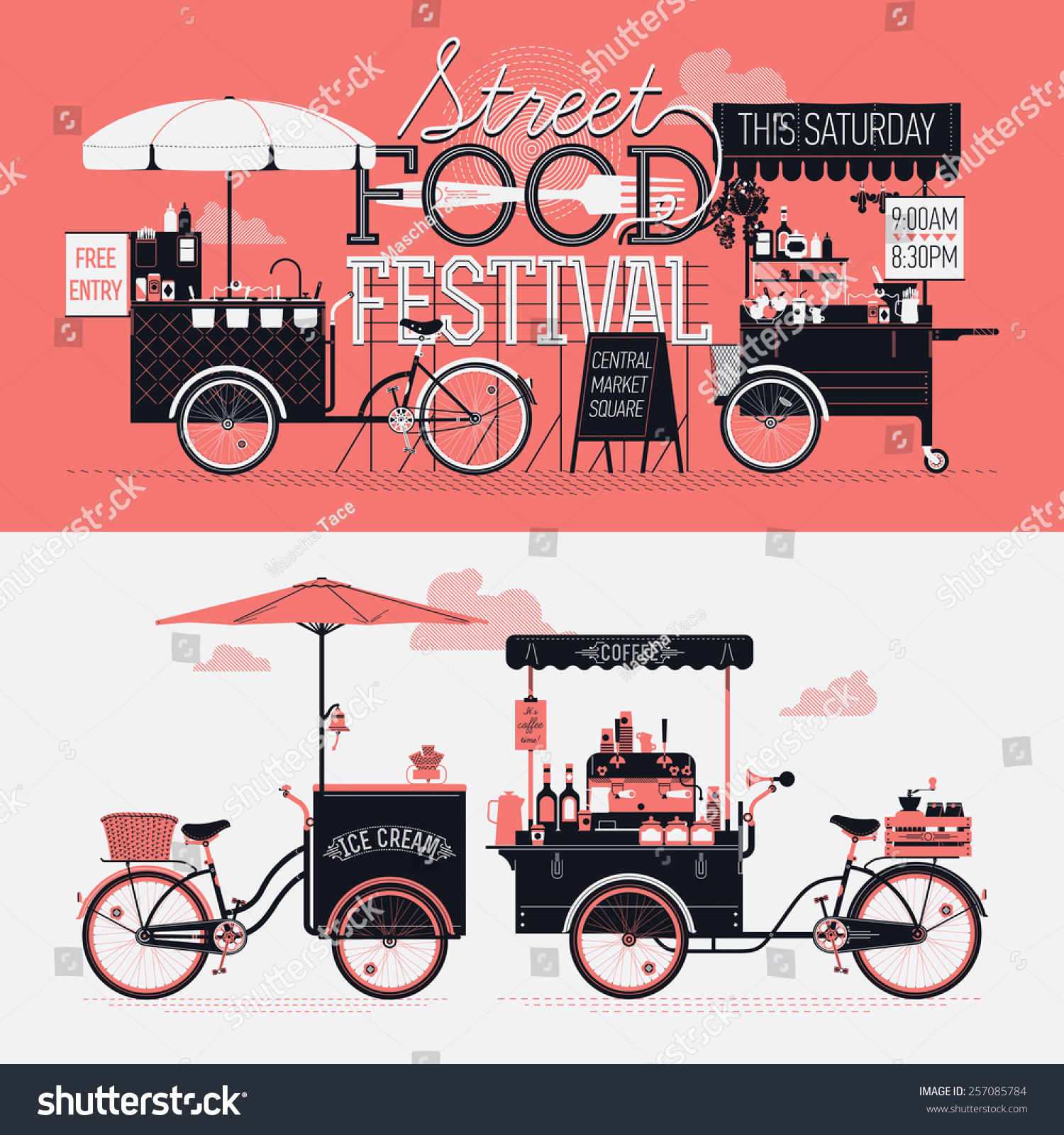 SVG of Street food festival event vector graphic poster, flyer or horizontal banner design elements with retro looking detailed vending portable carts selling coffee, hot dogs and ice cream svg
