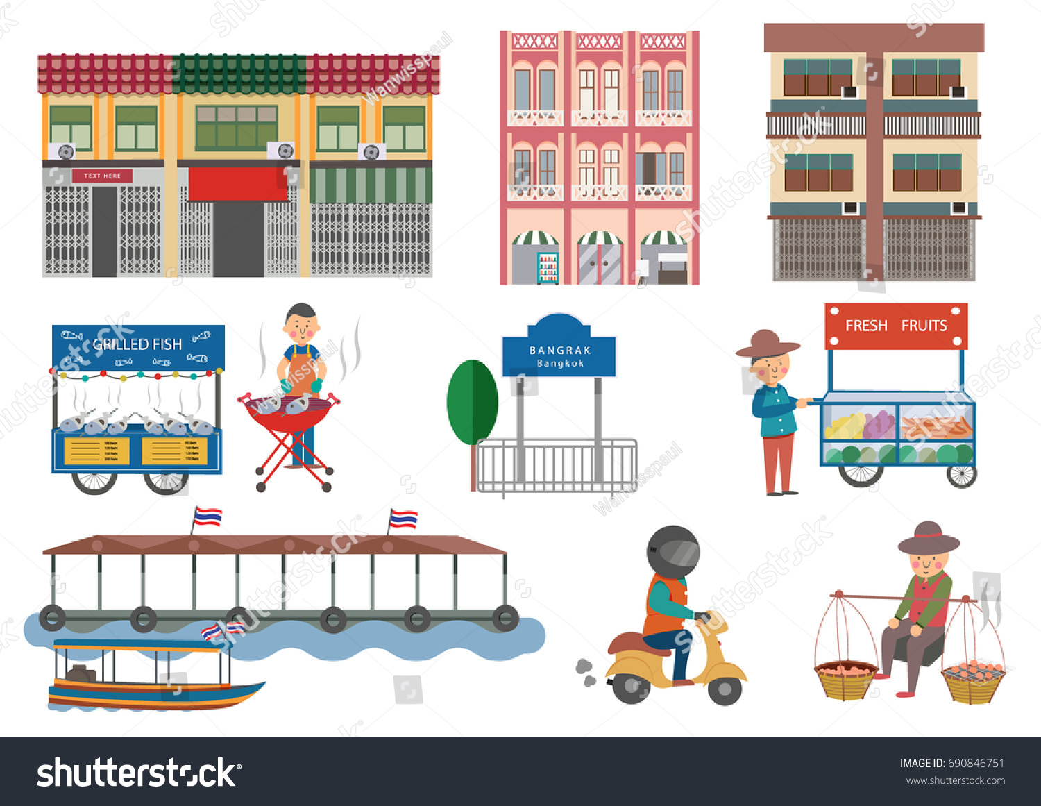 Street Food Bangkok Elements Flat Cartoon Stock Vector (Royalty Free ...