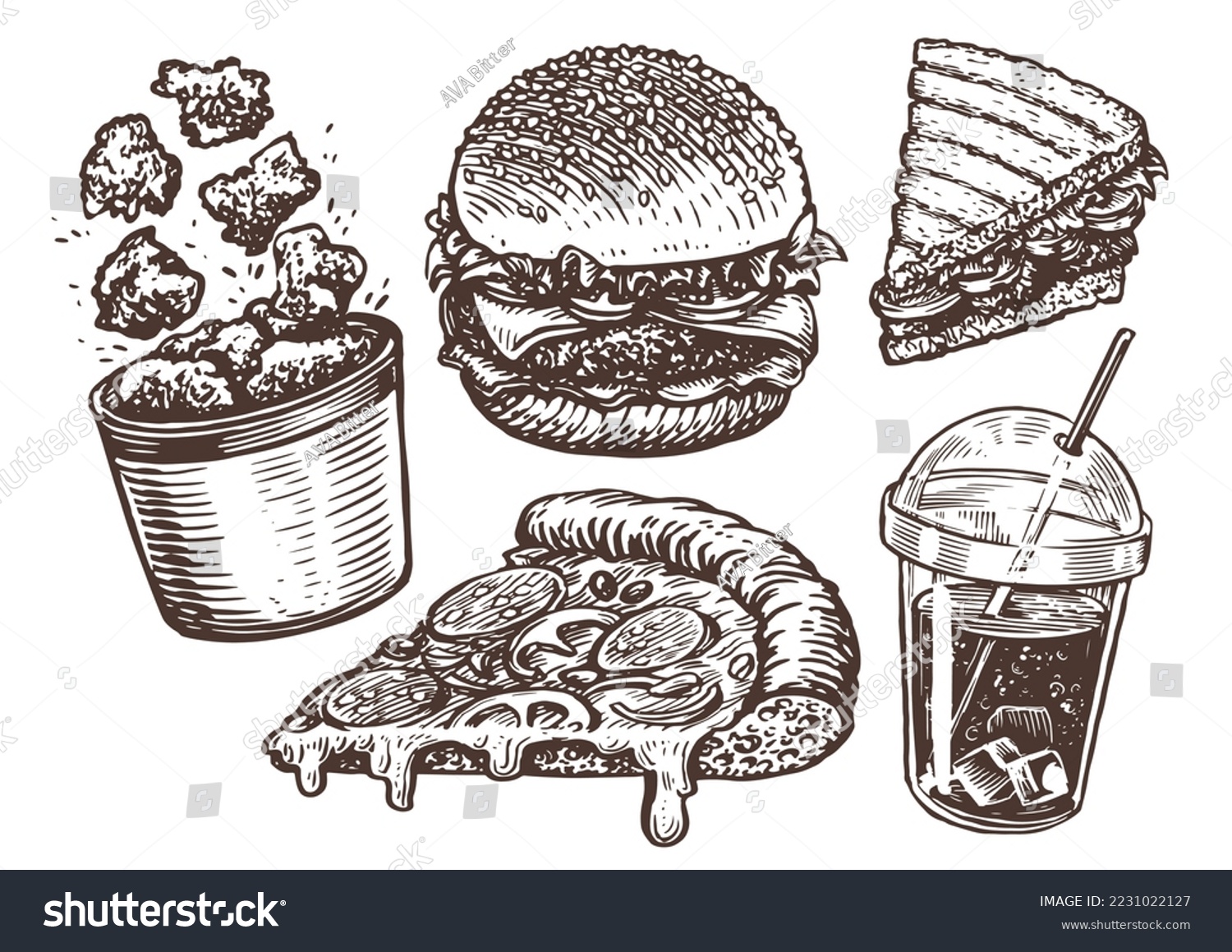 SVG of Street food, takeaway. Burger, fried chicken meat, cola, slice of pizza, sandwich sketch. Fast food vector illustration svg