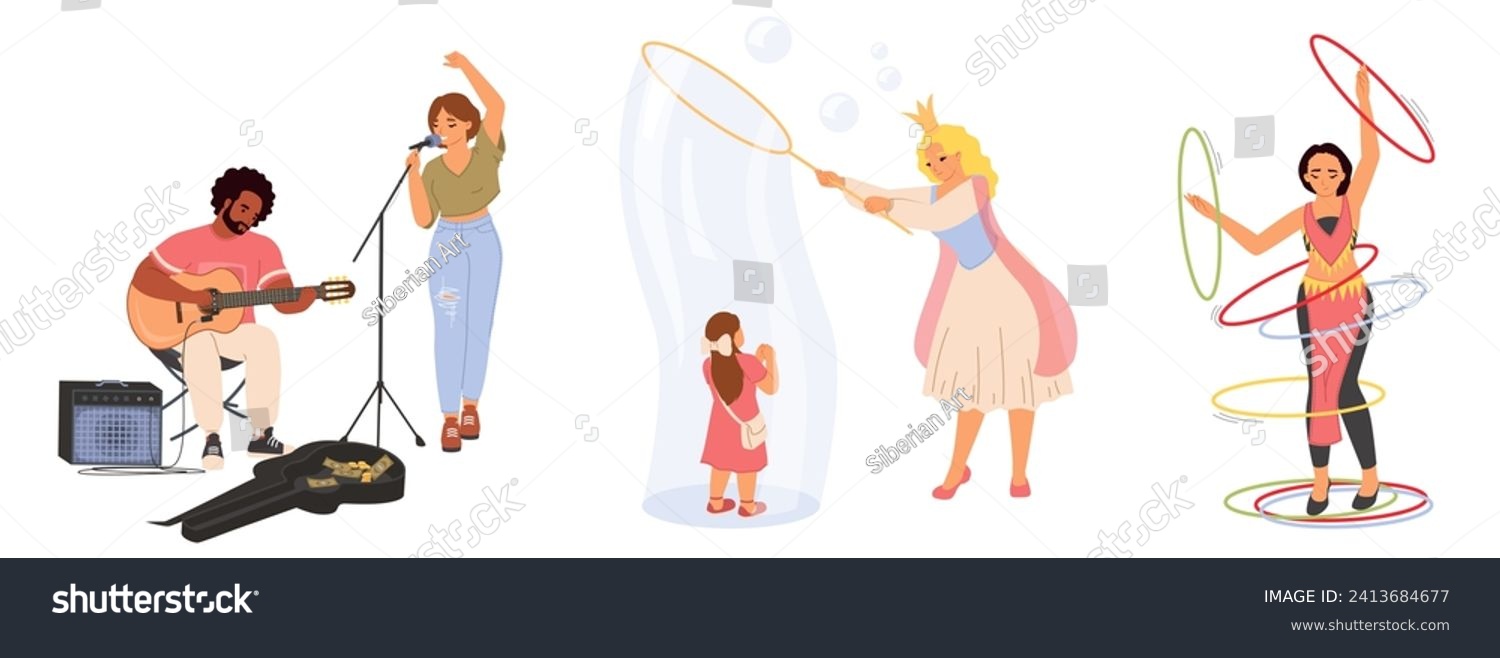SVG of Street music band, artist performer with huge foamy bubble blower, gymnast belly dancer with hula-hoop isolated set on white background. Urban funfair carnival artists vector illustration svg