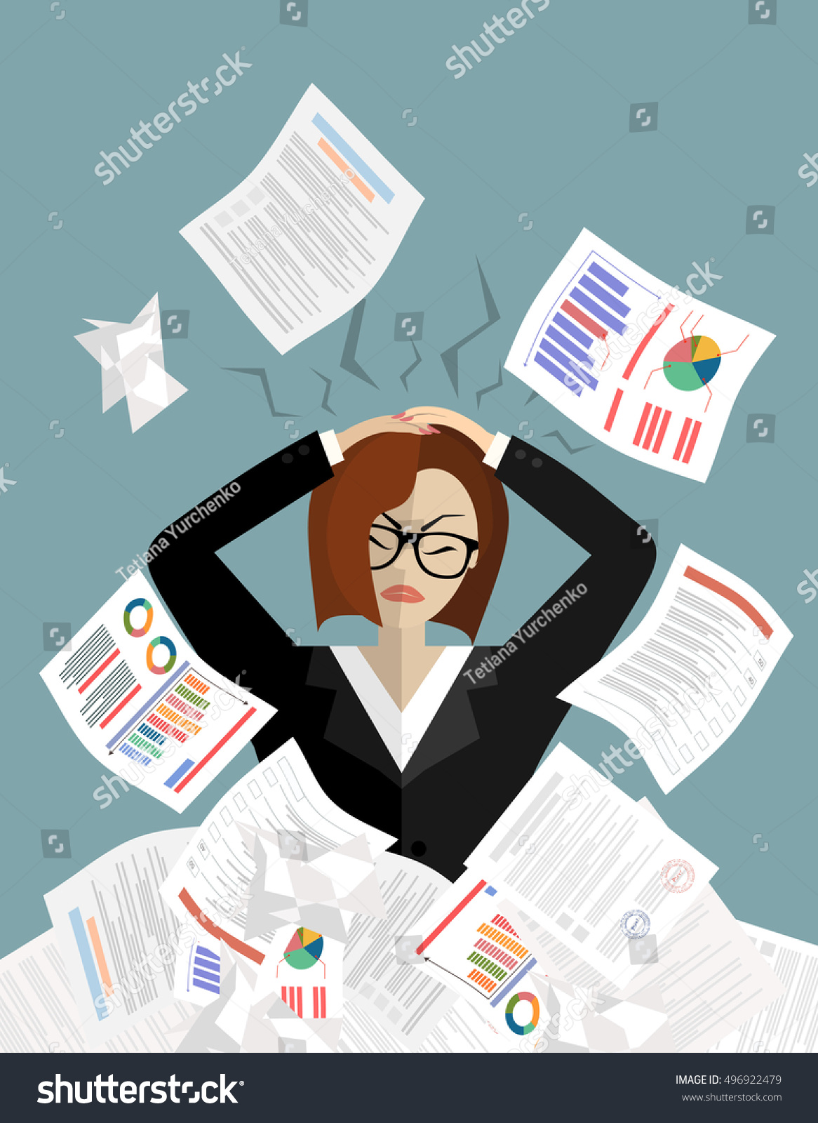Stressed Cartoon Business Woman Pile Office Stock Vector