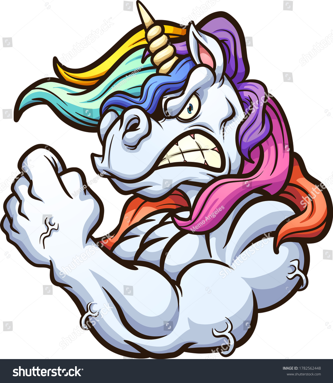 SVG of Strong angry unicorn mascot flexing its arm. Vector clip art illustration with simple gradients. All on a single layer. 
 svg
