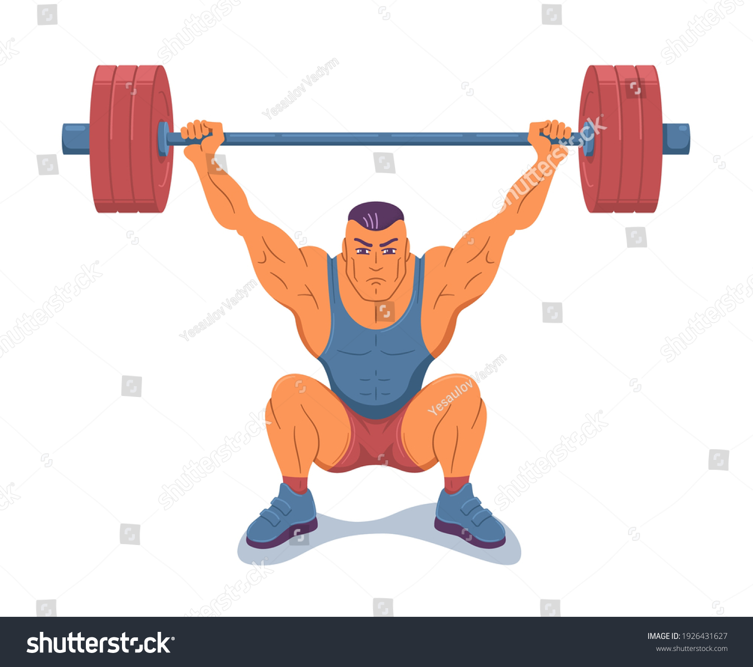 SVG of Strong muscular weightlifter lifting barbell. Illustration of weightlifting snatch execution. On white background svg