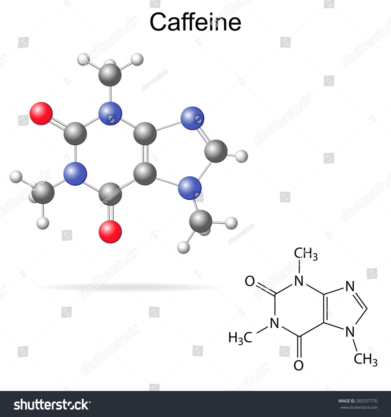SVG of Structural model, chemical formula of caffeine molecule, 2d and 3d isolated vector, eps 8 svg