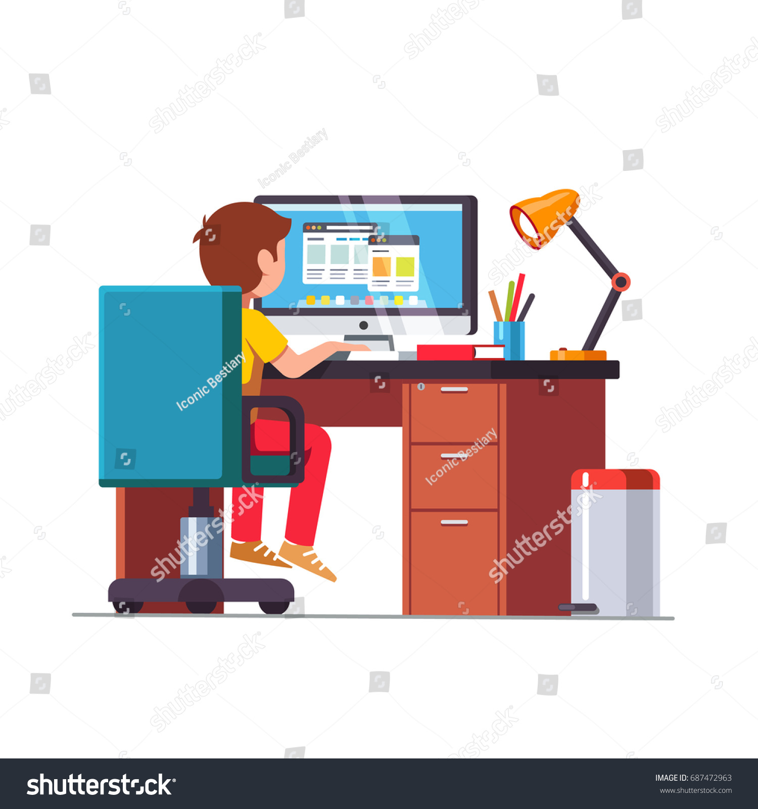 Student Boy Sitting Home Office Desk Stock Vector Royalty Free