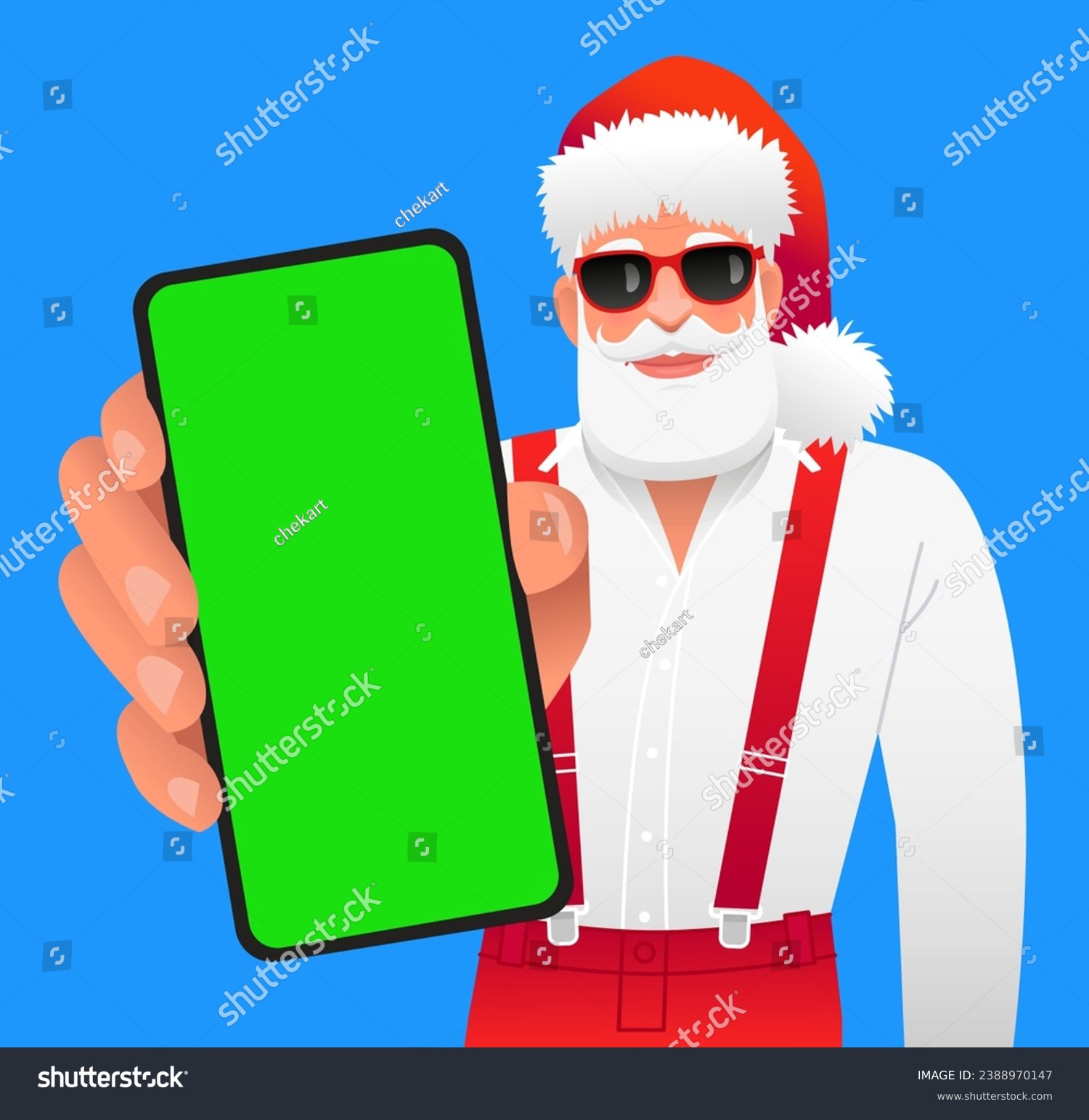 SVG of Stylish bearded Santa Claus in sunglasses stands with a smartphone in his hand. Close-up of the green screen of the phone. Place to advertise a mobile app. Vector illustration. svg