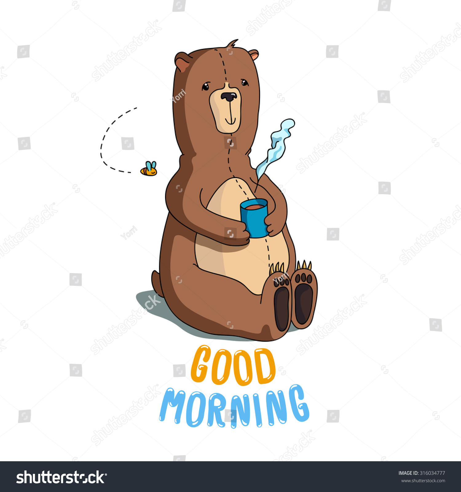 Stylish Card With Funny And Cute Cartoon Brown Bear Drinking Coffee ...