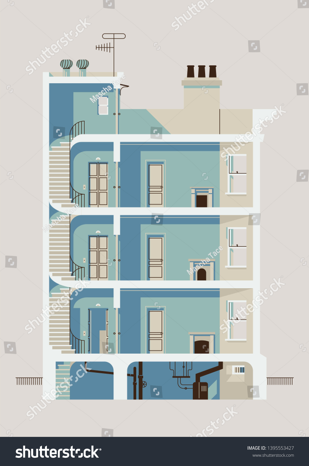 スタイリッシュなダウンタウンの住宅用3階建て断面イラスト 階段吹き抜け エレベータ 窓と暖炉とアパートの部屋内 屋根 煙突 地下室付き のベクター画像素材 ロイヤリティフリー