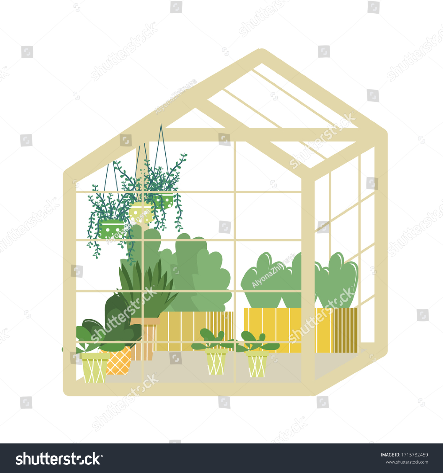 SVG of Stylish greenhouse with plants in pots isolated on white background stock vector illustration. Gardening, agriculture, homegrown concept. In trend modern colors svg