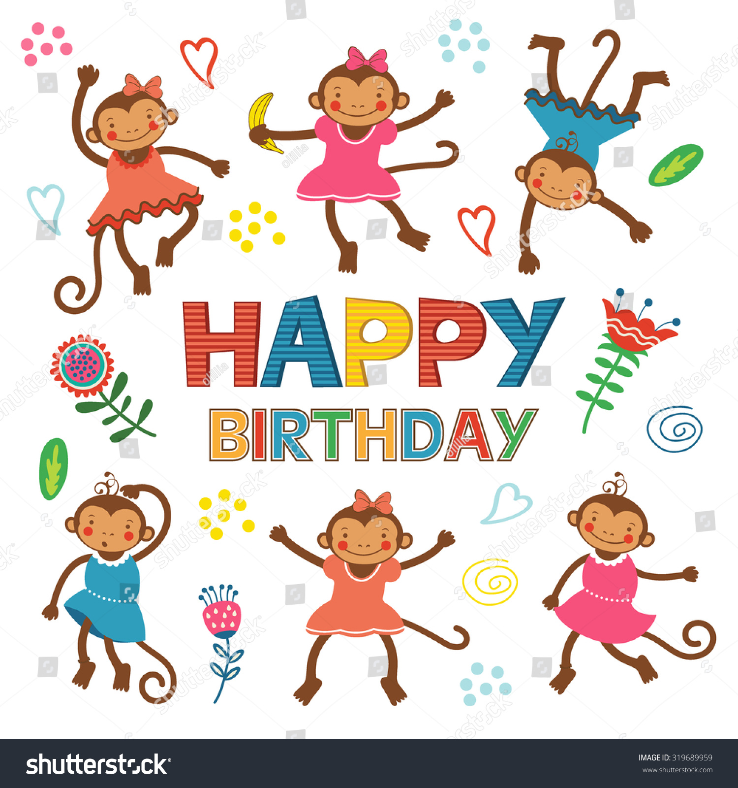 Stylish Happy Birthday Card Cute Monkeys Stock Vector 319689959 ...