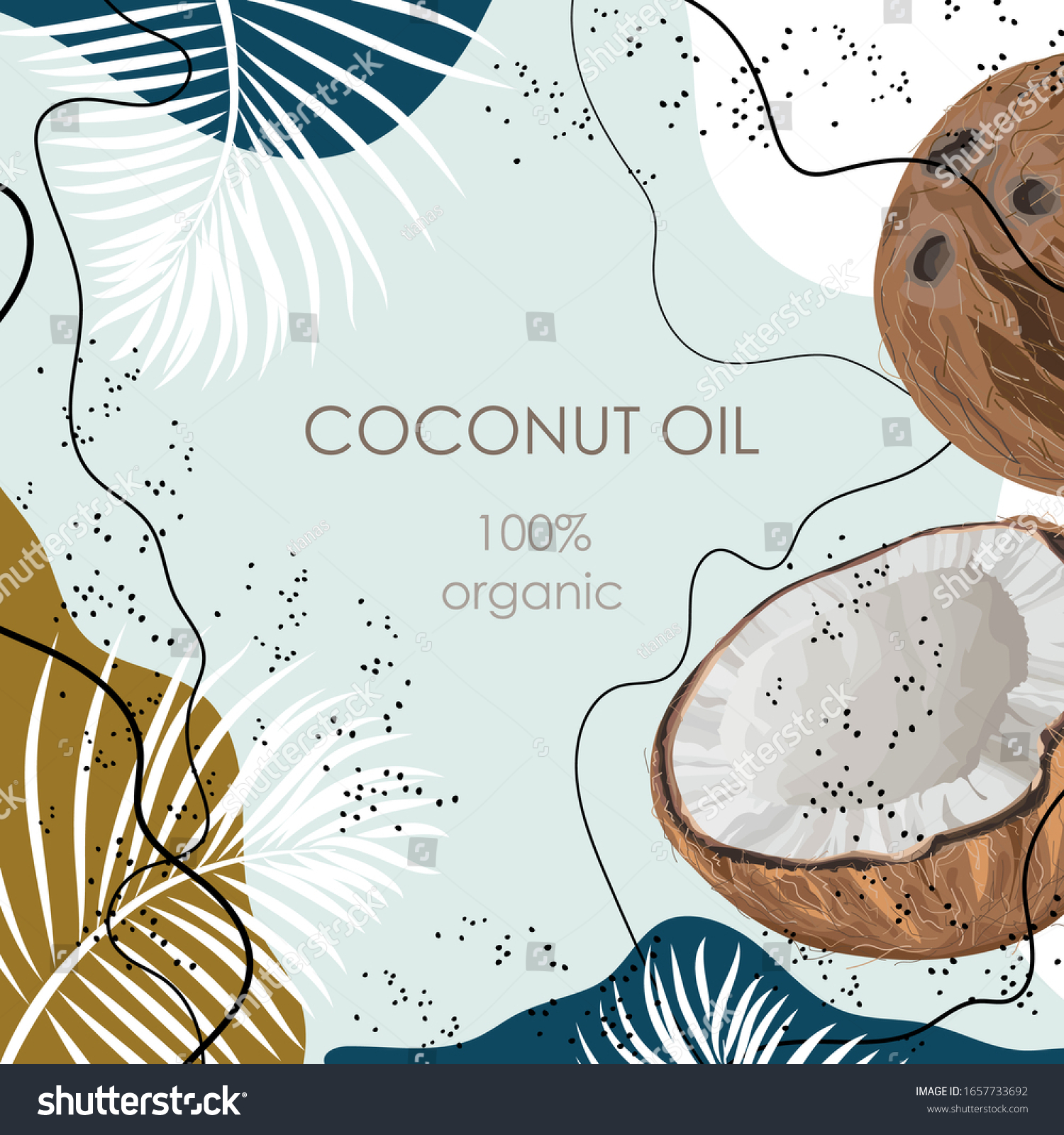 SVG of Stylized coconut with palm leaves on an abstract background. 100% organic