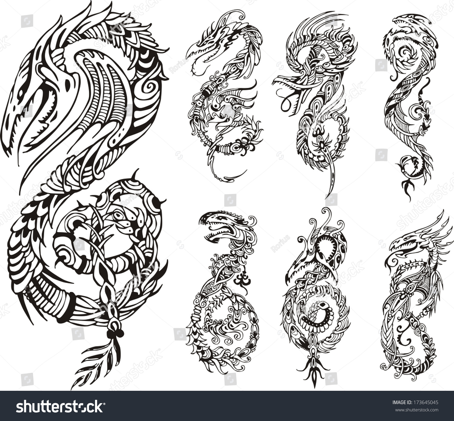 Stylized Dragons. Set Of Black And White Vector Illustrations ...