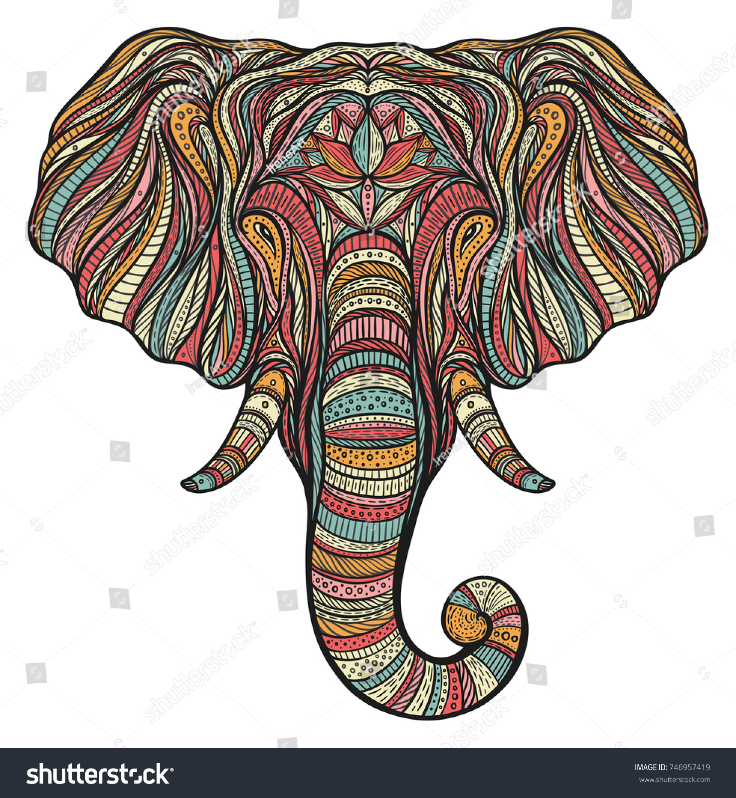 SVG of Stylized ethnic boho elephant portrait isolated on white background. Decorative hand drawn doodle vector illustration svg