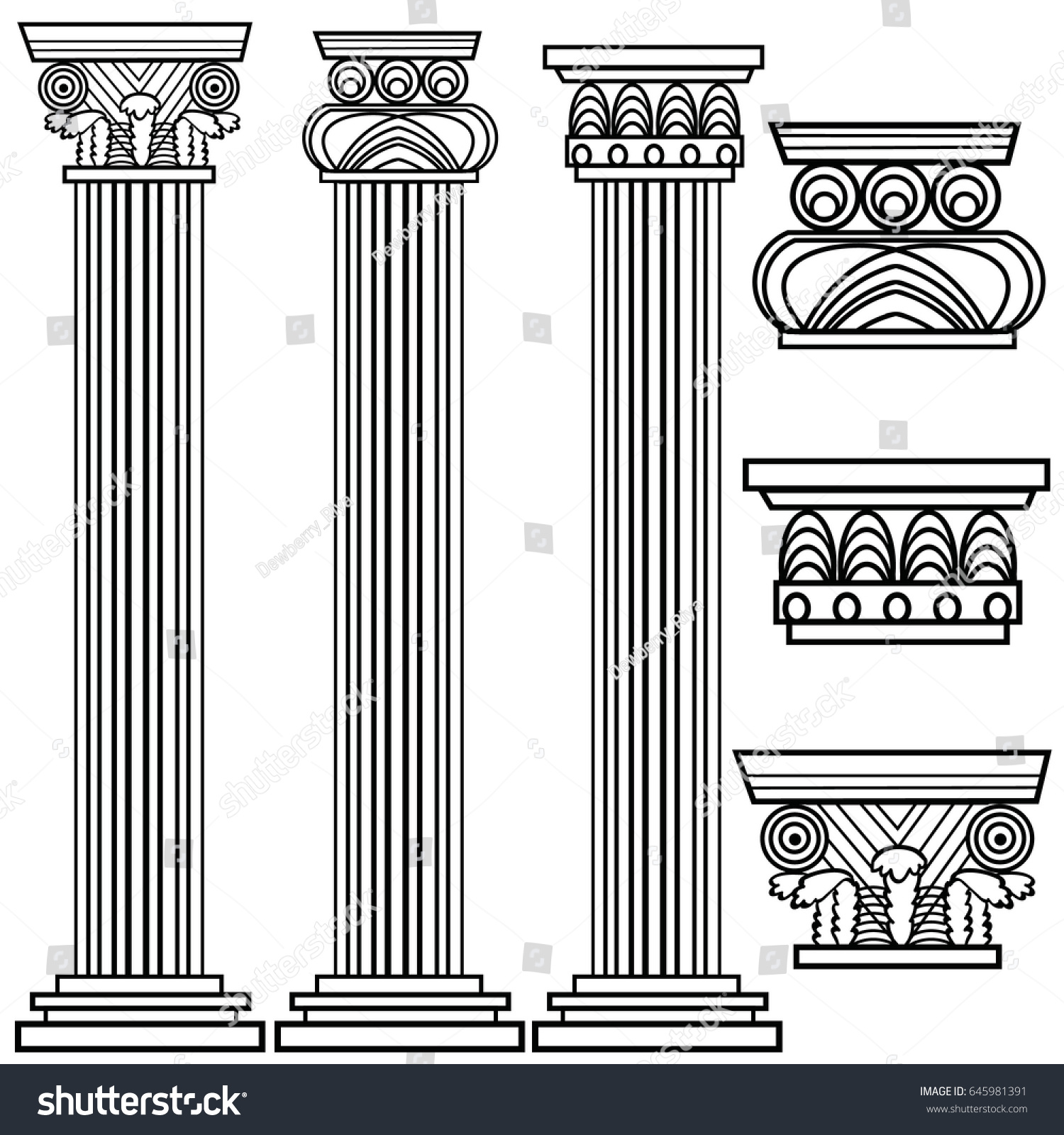 Stylized Greek Columns Doric Ionic Corinthian Stock Vector 645981391 ...