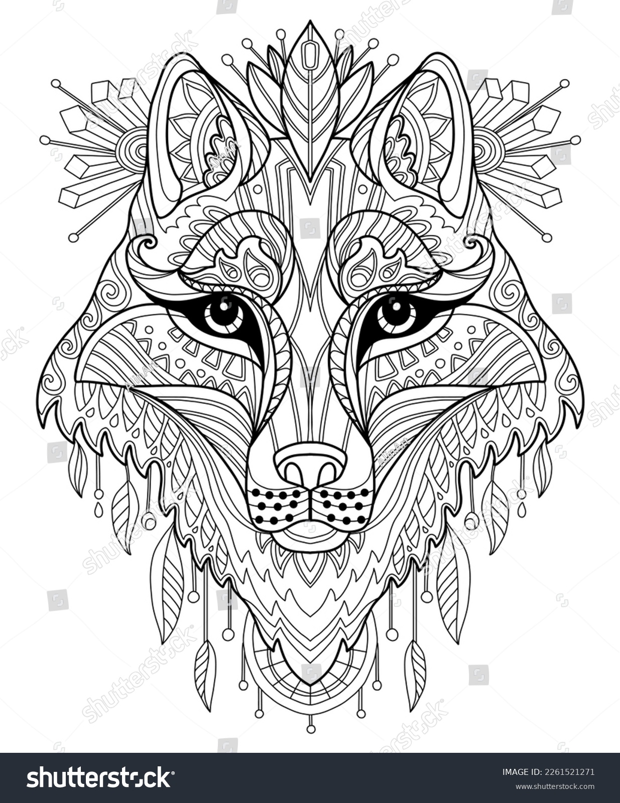 SVG of Stylized head of wolf close up. Hand drawn sketch black contour vector illustration. For adult antistress coloring page, print, design, decor, T-shirt, emblem, logo or tattoo ornate design elements. svg