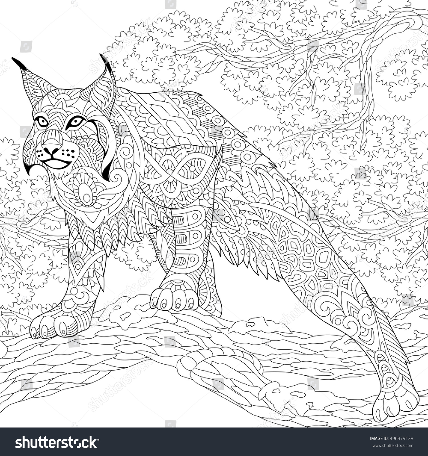 Stylized hunting wildcat lynx bobcat ready to Freehand sketch for adult